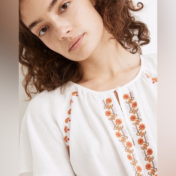 Madewell Embroidered Linen-blend Raglan Ruffle Mini Dress - Picture 3 of 7